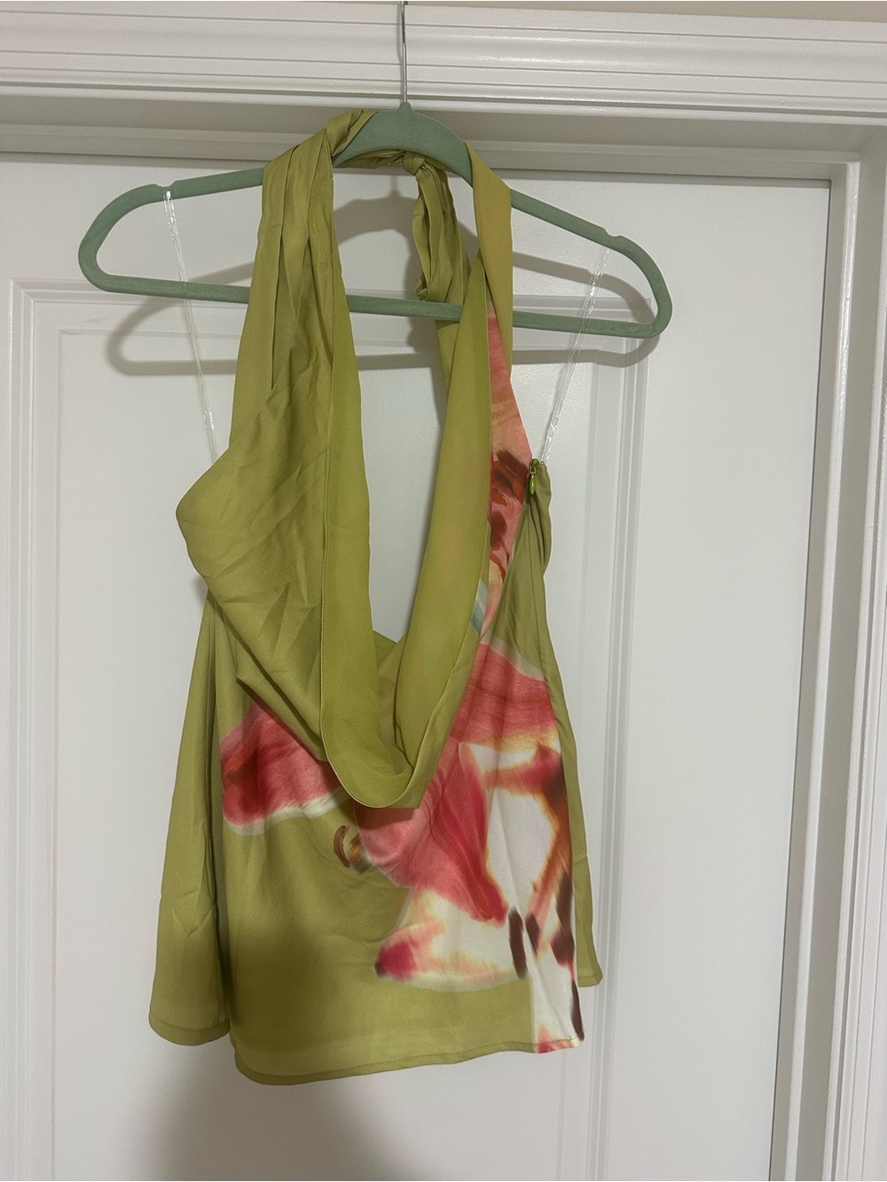 Peppermayo Olive Green Halter Mini Dress with Pink Floral Accent